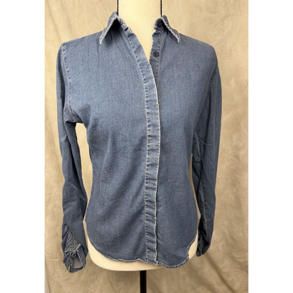 Vintage‎ Ruched Sleeve Vintage DKNY Women’s Size 6 Denim Shirt Made in Hong Kong